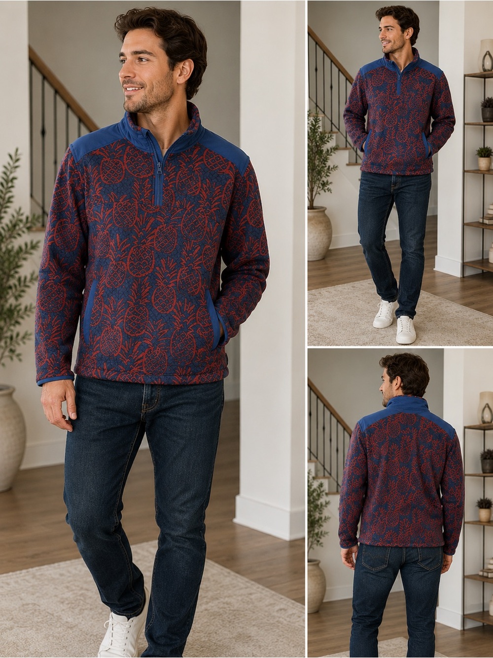 Chubbies Fleece Pullover Small Red & Blue Pineapple Tropical Coastal Mens